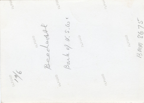 Reverse of photograph showing Beechworth Bank of New South Wales building