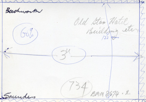 Off-white background with writing. Notes location of obverse image top left corne and photographer on bottom left. Top right shows notes on possible location and short description. A number, and identifier number along bottom. Pen markings indicating border and dimensions also present.