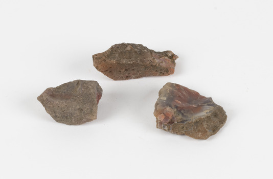 The image shows three pieces of stone with a russet interior hue and a grey/brown porous crust. 