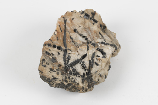 A medium-sized cream and ochre coloured solid mineral specimen with multi-directional black criss-crossing lines and areas of speckling. 