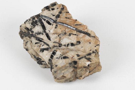A medium-sized cream and ochre coloured solid mineral specimen with multi-directional black criss-crossing lines. 