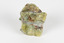 A solid mineral specimen in shades of yellow and gray-green, with a wide vein of pale grey running through the centre. 