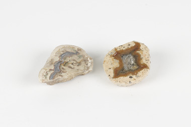 Two small solid specimens with pale, sandy-coloured exteriors. Each specimen has its own unique internal pattern with different colours and arrangements.