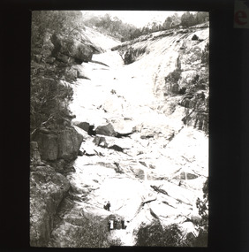 A monochrome photograph within a rectangular frame depicting four women and four men in late 19th Century clothing standing near the base of a steep gorge with rapidly flowing water. 