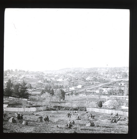A monochrome photograph within a square-edged frame depicting a long distance hillside landscape with tree stumps, trees, fences, roads and houses 