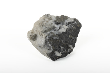 Solid mineral specimen in shades of grey, white and black