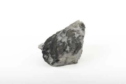 Solid mineral specimen in shades of grey, white and black
