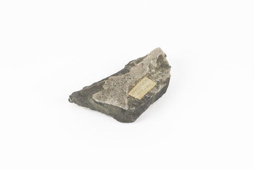 Coin-sized solid mineral with object label in middle of specimen and tiny crystals in shades of black and beige. 