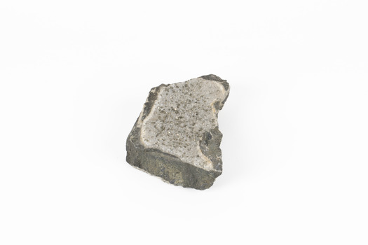 Coin-sized solid mineral with tiny crystals and shades of black and beige.