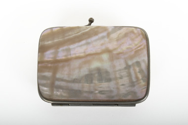 A small rectangular purse with silver edging and half clasp, covered in white and cream coloured shell.