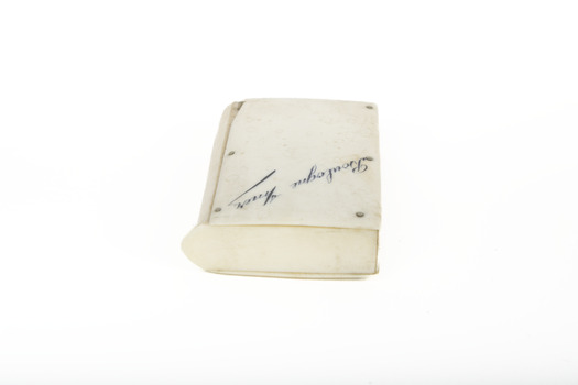 A small white rectangular box with cursive writing on top.