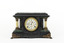 Obverse view of a Seth Thomas black mantle clock with green marbling detail. The clock face is white with black roman numerals and ornate gold rims. On either side of the clockface is a white pillar with bronze-coloured base and top. The clock also features ornate gold claw feet and fine gold painted detailing. 