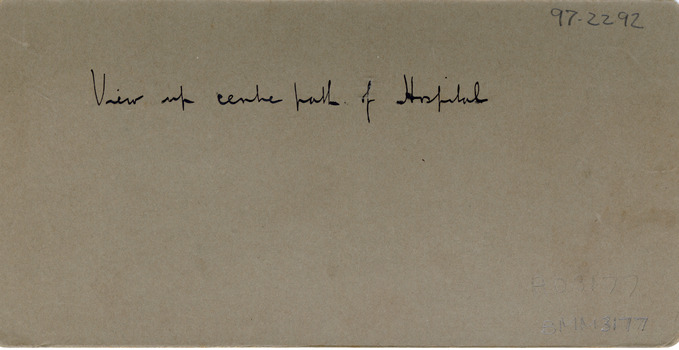 Handwritten text on card that reads "View up centre path of Hospital". "97-2292" is written in the top right hand corner.