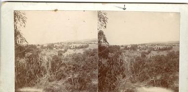 Two sepia-toned photographs of a view across a town. Trees in the foreground, with paddocks and buildings in the background. Hills can be seen in the far distance.