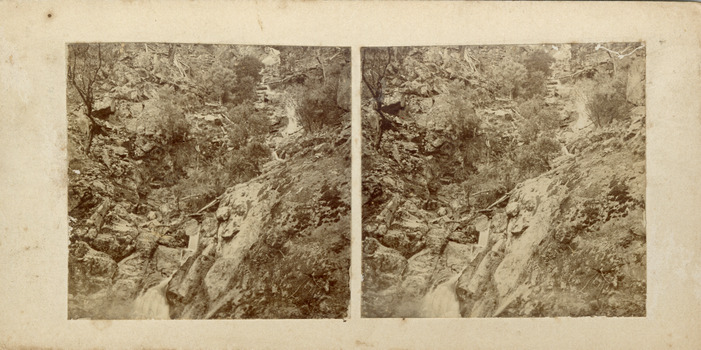 Two sepia-toned photographs of a rocky waterfall and vegetation.