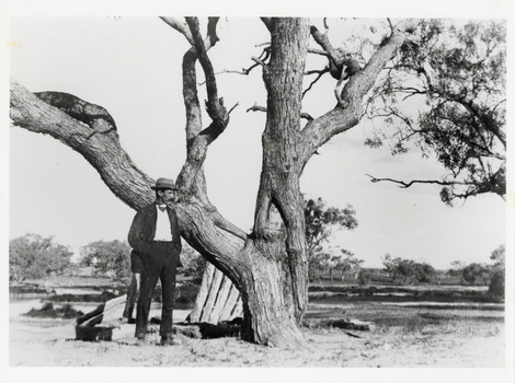 A black and white copy of a photograph of a suited man wearing a hat standing in front of a sprawling tree.