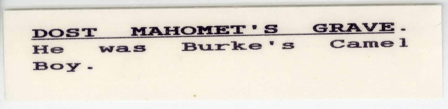 Label for Desert grave stone of Dost Mahomet photograph.