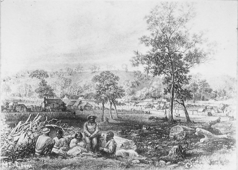 Black and white etching of early Camperdown scene showing five First Nations people in European dress seated in front of small volcanic hills, early dwellings and native vegetation.