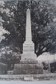 Black and white photograph of Wombeetch Puyuun Monument in the Camperdown Cemetery
