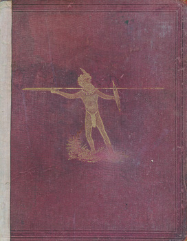 Old red book cover with gold image of First Nations man holding a spear, woomera and parrying shield.