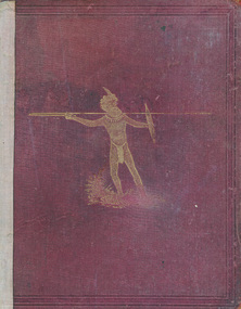 Old red book cover with gold image of First Nations man holding a spear, woomera and parrying shield.