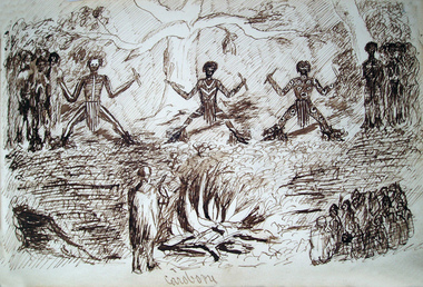 Sketch of First Nations people dancing in front of a fire