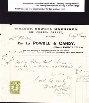 Receipt for Melber Company Sewing Machine