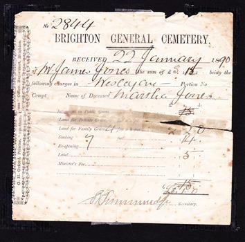 document, receipt burial 1890 Martha Jones