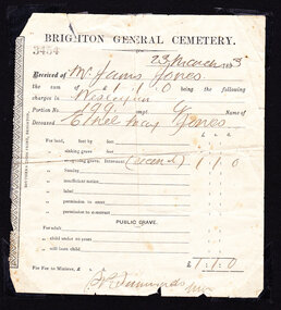Certificate - Document, receipt Burial  1893 Ethel May Jones, c1890