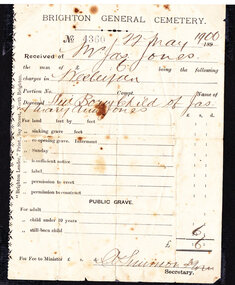 Certificate - Receipt for Burial of Stillborn Child, James & Mary Jones Child, 1900