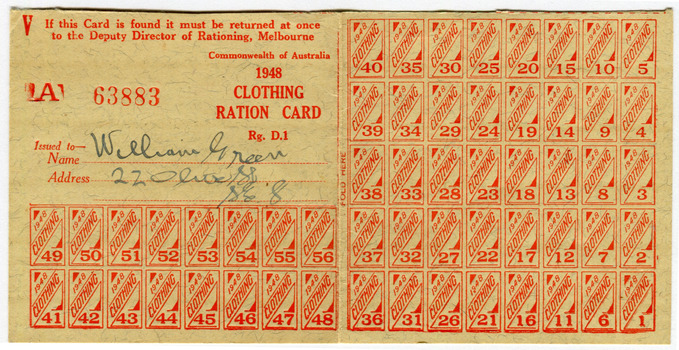 Clothing Ration Card for William Green