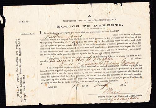 Medical Health, vaccination notice 1888