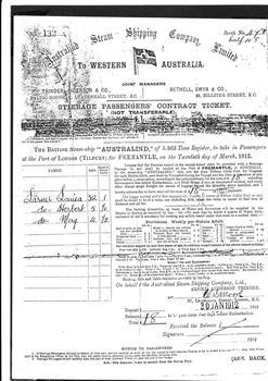 Document , photocopy of Steerage Passenger Ticket 1912