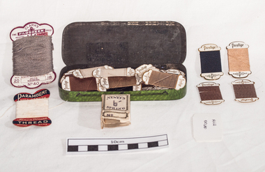 Sewing equipment, sewing container, threads, needles, 20th C