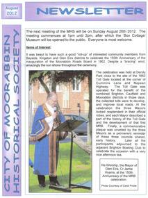 Newsletter, City of Moorabbin Historical Society Aug 2012, August 2012