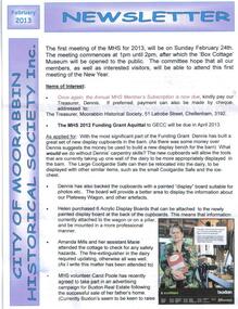Newsletter, City of Moorabbin Historical Society Feb 2013, February 2013, December 2012
