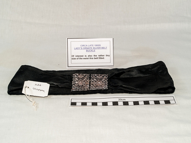 Clothing, lady's silk belt and silver buckle c1880, c1880