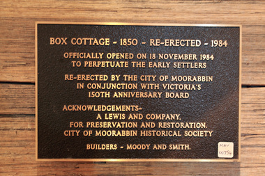 Plaque,  Official  Opening  Reconstruction Box Cottage 1984, 1984