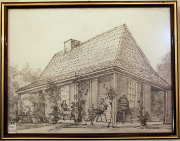 Drawing, charcoal of reconstructed Box Cottage  c 1985, c1985