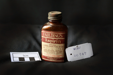 Manufactured Glass, brown bottle 'Fauldings Aspirin', c1950