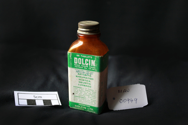 Manufactured Glass, brown bottle ‘ Dolcin’, c1950