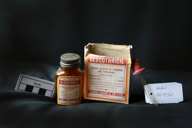 Manufactured Glass, brown glass bottle 'Glucothricil', c1950