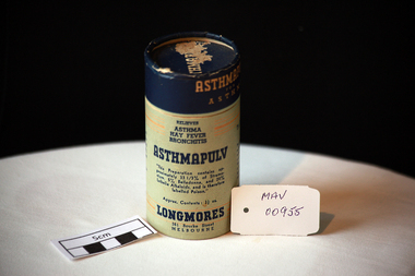 Containers, cardboard, ‘Longmores’ ‘Asthmapulv’, mid 20thC