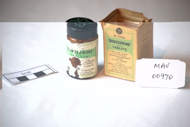 Manufactured glass, bottle 'Benzedrine ' tablets, mid 20thC