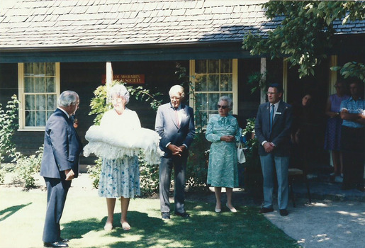 presentation of a Quilt by the Country Women's Association Bentleigh at Box Cottage in Joyce Park February 24th 1985