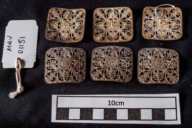 Manufactured Objects, x 6 buttons, white metal filigree, c1900