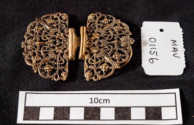 Manufactured Object, 2 x gold metal filigree buckles, c1900