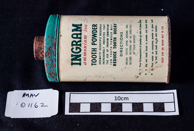 Containers,  metal 'INGRAM' tooth powder, c1950