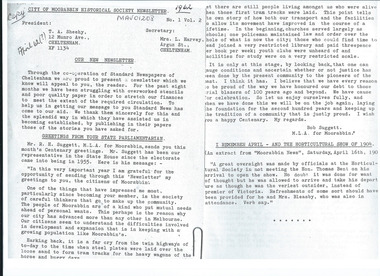 Newsletter, City of Moorabbin Historical Society     No. 1   Vol 2   April 1962, City of Moorabbin Historical Society Newsletter No 1   Vol 2   April 1962, 1962