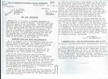 Newsletter - City of Moorabbin Historical Society     No. 1   Vol 2   April 1962, City of Moorabbin Historical Society Newsletter No 1   Vol 2   April 1962, 1962